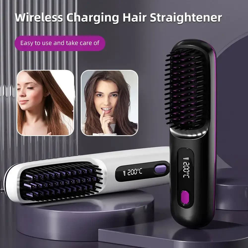 Adjustable Temperature Hair Brush Cordless Hair Straightener Brush with Fast Heating Negative Ions for Fluffy Curly for Electric