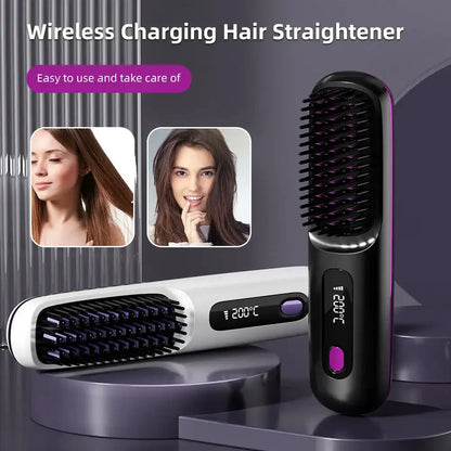 Adjustable Temperature Hair Brush Cordless Hair Straightener Brush with Fast Heating Negative Ions for Fluffy Curly for Electric