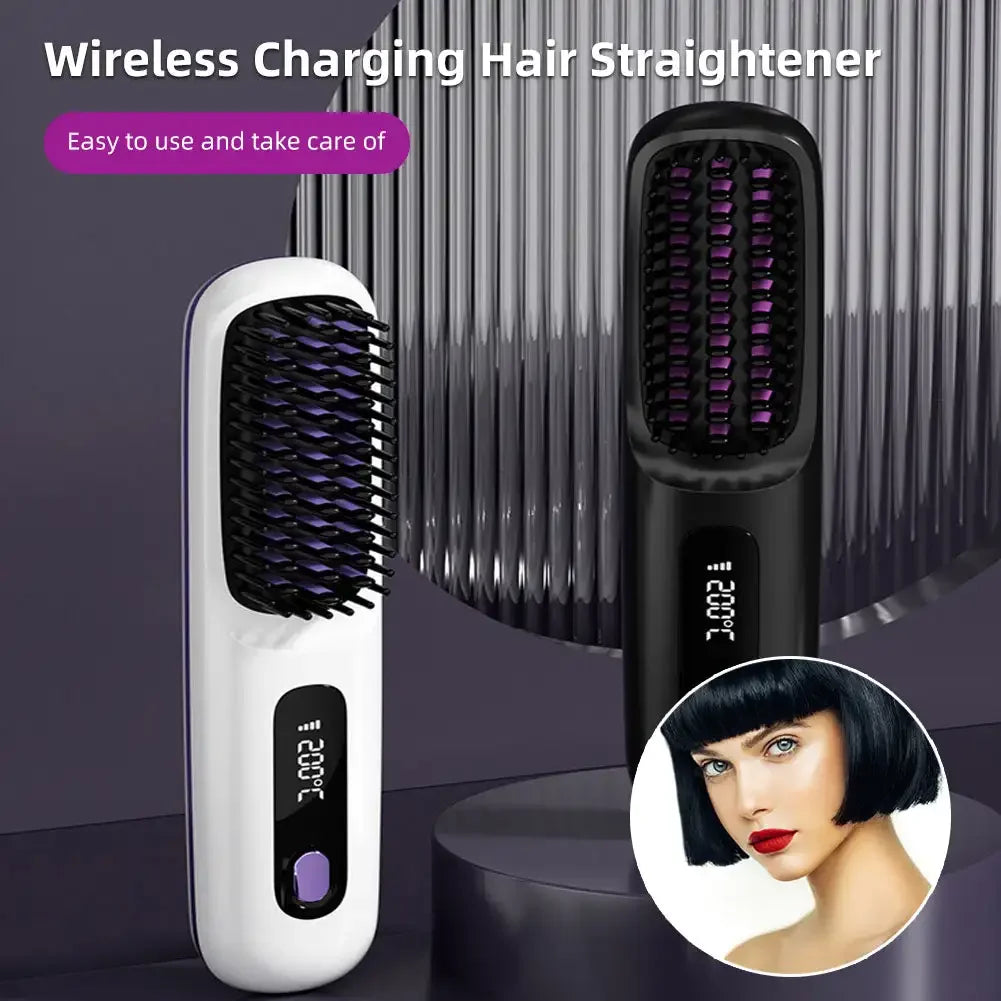Adjustable Temperature Hair Brush Cordless Hair Straightener Brush with Fast Heating Negative Ions for Fluffy Curly for Electric