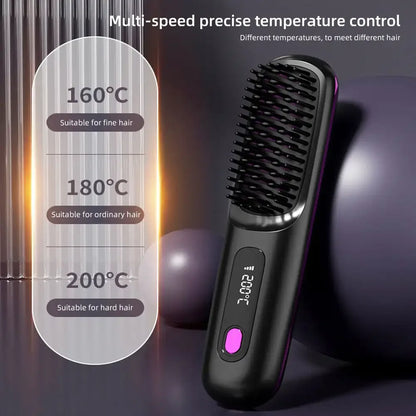 Adjustable Temperature Hair Brush Cordless Hair Straightener Brush with Fast Heating Negative Ions for Fluffy Curly for Electric